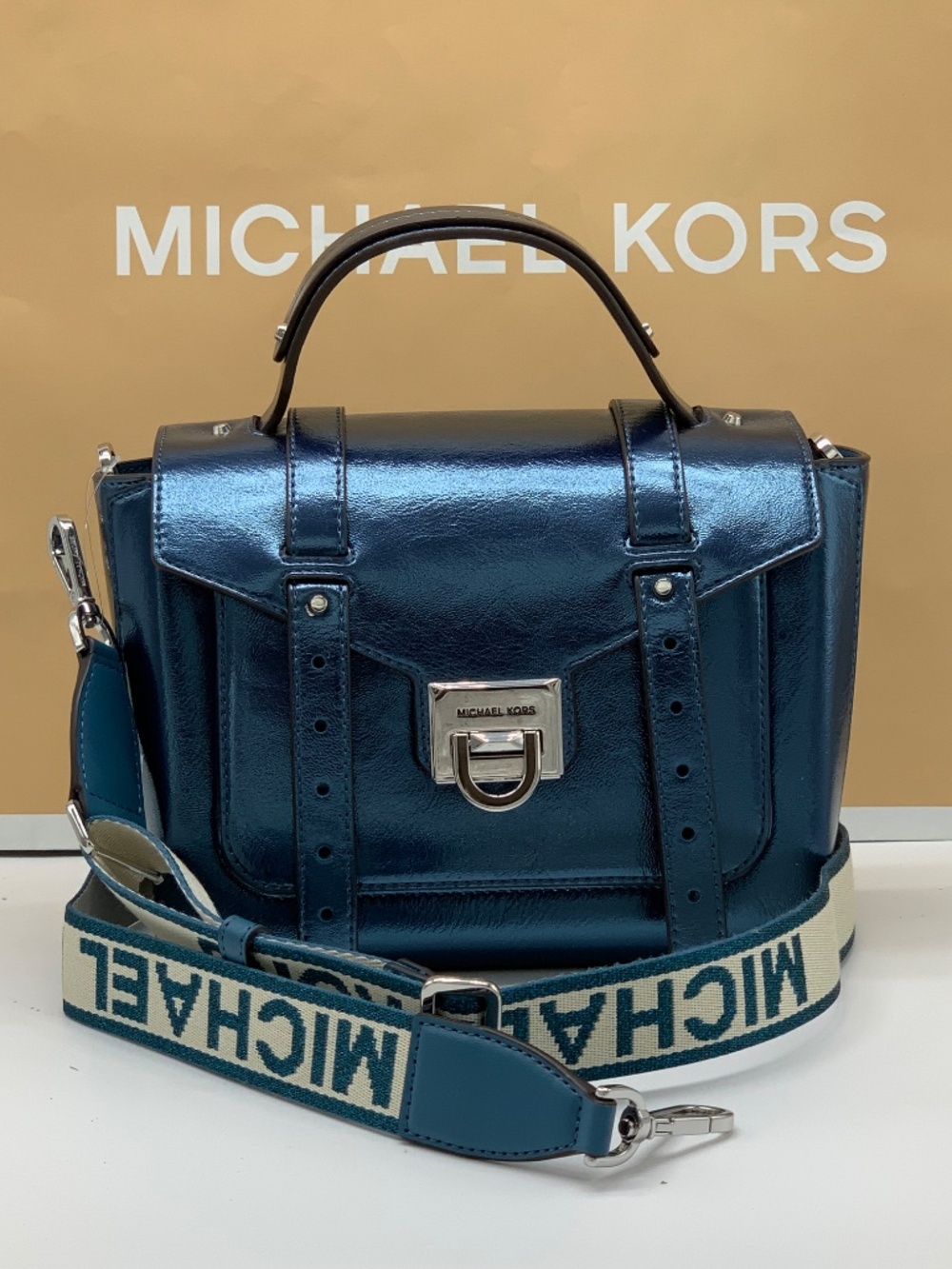 Manhattan Medium Patent Faux Leather Satchel TEAL COLOR - Picture 3 of 13